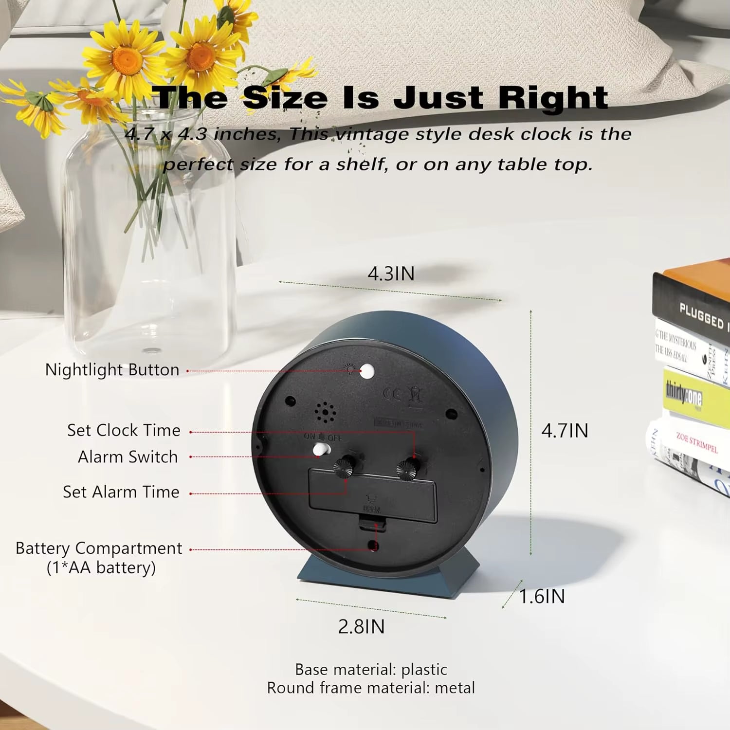 Analog Alarm Clock,Small Retro Desk Clock Battery Operated,Slient Metal Table Clock with Light for Living Room Decor,Bedroom